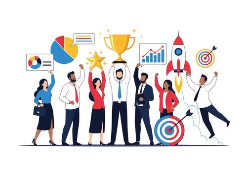 Diverse team celebrates success together after achieving milestones with trophies and charts and targets driven by data collaboration and shared vision. vector