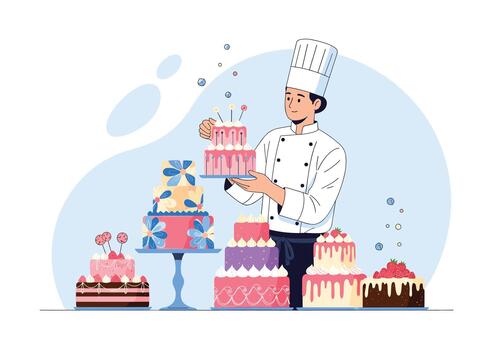 Chef presents an array of colorful celebration cakes arranged on stands and tables at a festive bakery display in a bright modern kitchen. vector