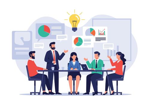 equipo de profesionales colabora en un dinámica sala del consejo sesión revisando cartas y gráficos mientras compartiendo ideas y estrategias para un proyecto. vector