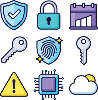 A set of icons that include a key, lock, cloud, and other items vector