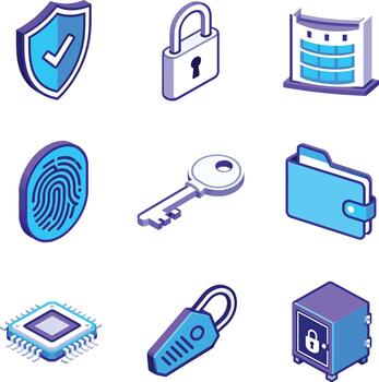 A set of icons that include a key, lock, and other items vector