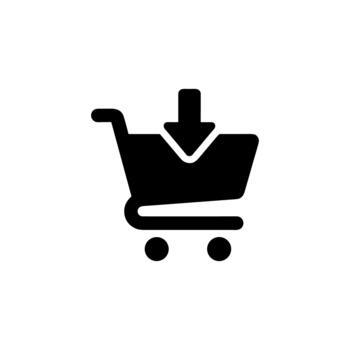 Minimalist Black Shopping Cart with Arrow Pointing Down Icon Symbol vector