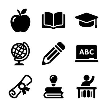 sencillo glifo educación elemento icono conjunto con manzana, libro, y globo vector