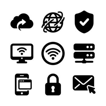 Minimalist Black and White Computer Network Communication Sign Symbol Icon Set vector