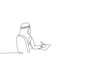 animerad själv teckning av kontinuerlig linje dra tre arab män i företags- miljö, med ett presenter fluktuerande pil Diagram. diskussion marknadsföra utmaningar strategisk. full längd ett linje animering video