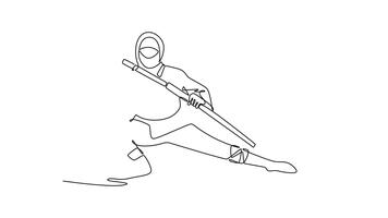 animerad själv teckning av kontinuerlig linje dra man ninja i mask poserade i djup rosett hållning innehav personal vågrätt i redo vakt, illustrerar smygande, fokuserade handling. full längd ett linje animering video