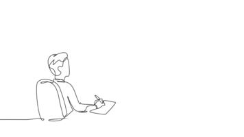 Animated self drawing of continuous line draw male manager showing downturn chart to two seated colleagues taking notes. Review of poor finance business performance. Full length single line animation video