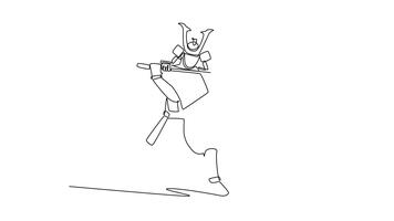 animerad själv teckning av kontinuerlig linje dra slående samuraj i full traditionell rustning, stående i en låg hållning medan innehav katana vågrätt hög, redo till skära. full längd ett linje animering video