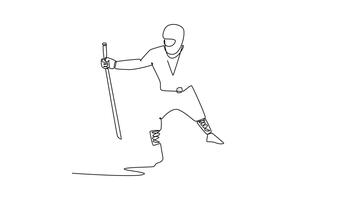 själv teckning animering av enda linje dra man ninja redo i bred bekämpa hållning, svängande tvilling svärd i bred vakt, illustrerar dynamisk bekämpa, fokuserade handling. kontinuerlig linje. full längd animerad video