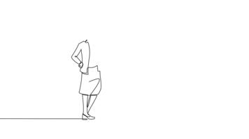 animato se stesso disegno di continuo linea disegnare inteligente donna presentazione grafico con volatile tendenza per uno seduto femmina collega. revisione focalizzata su stimolante prestazione. pieno lunghezza uno linea animazione video