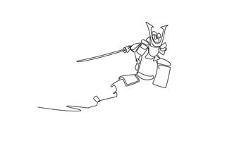 animerad själv teckning av kontinuerlig linje dra samuraj i full rustning knästående en låg till jord, innehav katana spetsig framåt- i defensiv eller horisontell skärande hållning. full längd ett linje animering video