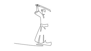 animerad själv teckning av kontinuerlig linje dra samuraj i klädnader svängande två svärd i utgör, med ett katana Uppfostrad hög över huvudet, de Övrig hölls låg för balans, ge sig på. full längd ett linje animering video