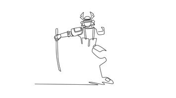 Self drawing animation of single line draw samurai in full armor taking aggressive forward-leaning stance with katana held low ready for decisive sweep or attack. Continuous line. Full length animated video