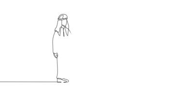 se stesso disegno animazione di singolo linea Due arabo uomini nel professionale ambientazione, uno presentazione grafico per seduto collega. discussione su volatile attività commerciale prestazione. continuo linea. pieno lunghezza animato video