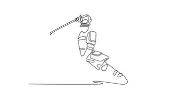 själv teckning animering av enda linje dra samuraj i full rustning, lungande framåt- med två svärd i kraftfull ge sig på utgör. avgörande verkan och historisk krigföring. kontinuerlig linje. full längd animerad video