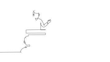 animerad själv teckning av kontinuerlig linje dra manlig högtalare på podium med en mikrofon, presenter till sittande kollegor eller deltagare. företag konferens eller seminarium. full längd enda linje animering video