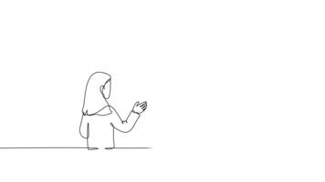 animerad själv teckning av kontinuerlig linje dra fyra mänsklig kollegor, två män och två kvinnor på framgångsrik företag presentation, pekande till ett uppåt trender Graf. full längd enda linje animering video