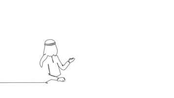 animato se stesso disegno di continuo linea disegnare arabo uomini nel attività commerciale incontro con uno uomo in piedi Il prossimo per Flip grafico con volatile linea grafico. revisione mercato prestazione. pieno lunghezza uno linea animazione video