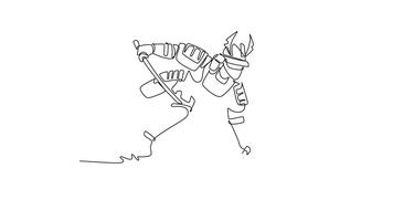 animerad själv teckning av kontinuerlig linje dra kraftfull samuraj krigare i full rustning och hjälm, tar en låg hållning medan teckning svärd, skildrar bekämpa beredskap. full längd enda linje animering video