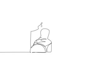 själv teckning animering av enda linje dra tre arab kollegor, ett kvinna presenter tillväxt Diagram med bar linje Graf. framgångsrik strategi i regional möte. kontinuerlig linje. full längd animerad video