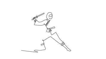 animerad själv teckning av kontinuerlig linje dra ung man ninja i mask redo i bred bekämpa hållning, svängande personal över huvudet, illustrerar dynamisk bekämpa, fokuserade handling. full längd ett linje animering video