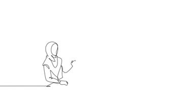 se stesso disegno animazione di singolo linea disegnare tre arabo donne impegnato nel attività commerciale incontro, presente mercato dati su fluttuante grafico mentre utilizzando il computer portatile per analisi. continuo linea. pieno lunghezza animato video