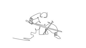 Self drawing animation of single line draw young man ninja poised in a deep horse stance, wielding twin katanas, illustrating dynamic combat, focused action. Continuous line draw. Full length animated video