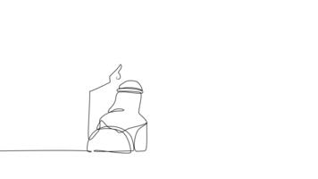 animerad själv teckning av kontinuerlig linje dra tre arab kollegor, på framgångsrik företag presentation, pekande till ett uppåt trender bar Graf till symbolisera tillväxt. full längd ett linje animering video