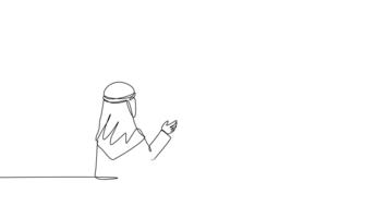 animerad själv teckning av kontinuerlig linje dra fyra arab män, ett man presenter uppåt Diagram till hans kollegor, diskuterar företag Framgång, strategi i kontor möte. full längd ett linje animering video