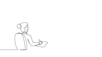 animerad själv teckning av kontinuerlig linje dra tre kvinnor i företag möte med ett presenter fluktuerande pil Diagram, diskussion på marknadsföra utmaningar och strategisk. full längd ett linje animering video