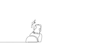 animerad själv teckning av kontinuerlig linje dra Lycklig tre kollegor, ett kvinna presenter tillväxt Diagram med bar linje grafer. framgångsrik strategi i företags- möte. full längd ett linje animering video