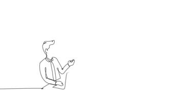 animerad själv teckning av kontinuerlig linje dra tre affärsmän i kontor möte, med ett presenter fluktuerande Diagram till kollegor, diskussion företag strategi. full längd enda linje animering video