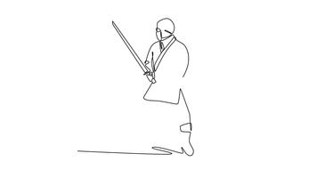 animerad själv teckning kontinuerlig linje dra ung man ninja i mask redo i bred bekämpa hållning, svängande katana svärd i redo vakt, dynamisk bekämpa och fokuserade handling. full längd ett linje animering video