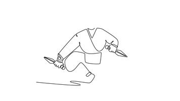 animerad själv teckning av kontinuerlig linje dra man ninja redo i en djup hukande hållning, innehav tvilling dolkar redo till ge sig på, illustrerar smygande, fokuserade handling. full längd enda linje animering video