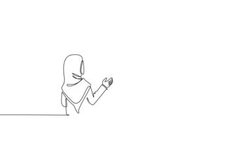 själv teckning animering av enda linje dra fyra arab kollegor, ett kvinna presenter uppåt Diagram, diskuterar företag Framgång och strategi i kontor möte. kontinuerlig linje. full längd animerad video