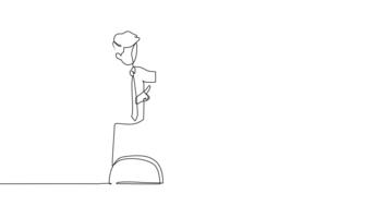 animerad själv teckning av kontinuerlig linje dra tre kollegor i företag presentation granskning flip Diagram med uppåt trend bar Graf. framgångsrik finansiell tillväxt. full längd enda linje animering video