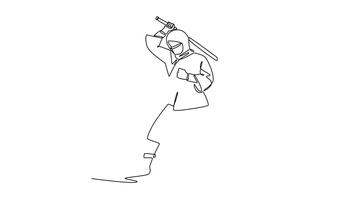 Animated self drawing of continuous line draw active man ninja poised in wide combat stance, drawing a katana sword for a dynamic strike, illustrating focused action. Full length single line animation video