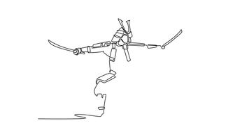 animerad själv teckning av kontinuerlig linje dra imponerande samuraj krigare i traditionell rustning, stående i bred hållning och svängande två svärd. representerar disciplin. full längd enda linje animering video