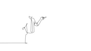 animerad själv teckning av kontinuerlig linje dra manlig presentatör förklara flyktig finansiera Diagram till sittande publik, symboliserar företag möte eller Träning strategi. full längd enda linje animering video