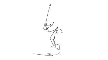 animerad själv teckning av kontinuerlig linje dra ung man ninja i mask hopkrupen låg, framställning kraftfull över huvudet strejk med en katana svärd, illustrerar dynamisk handling. full längd ett linje animering video