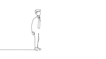 animerad själv teckning av kontinuerlig linje dra två affärsman i kontor, ett presenter finansiera Rapportera till hans kollega. diskussion på flyktig företag prestanda. full längd enda linje animering video