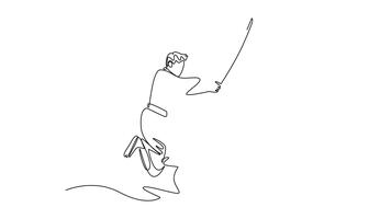 Animated self drawing of continuous line draw samurai warrior jumping or leaping in mid-air holding katana sword in dramatic, sweeping diagonal pose, swift and fluid. Full length single line animation video