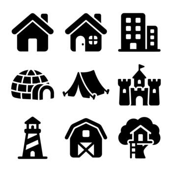 minimalista sólido edificio y abrigo silueta icono conjunto con varios estructuras vector