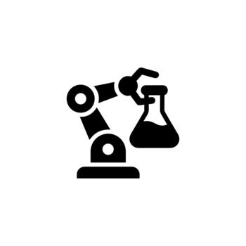 moderno sólido estilo robot brazo participación matraz en un laboratorio icono vector