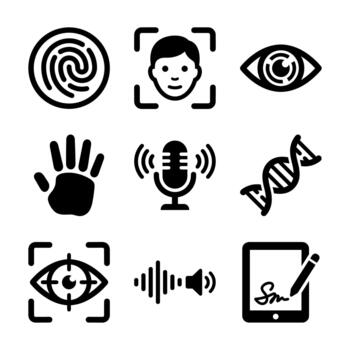Black and White Line Style Biometric Identity Authentication and Recognition Icon Set vector