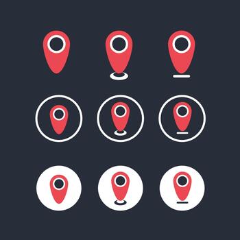 Red location pin icon set in flat design style. Isolated map pointer for navigation, geolocation, GPS, and map design. vector