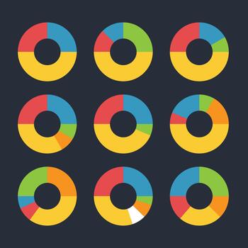rosquilla gráficos, pasteles segmentario en igual partes colocar. diagramas infografía multicolor colección vector