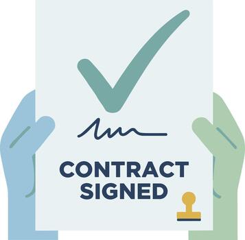 manos participación un exitosamente firmado contrato documento con un marca de verificación. vector