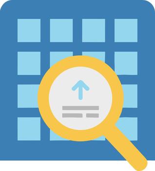 Magnifying glass icon for data analysis and search on a grid. vector