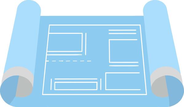 Rolled up architectural blueprint scroll with technical drawings. vector